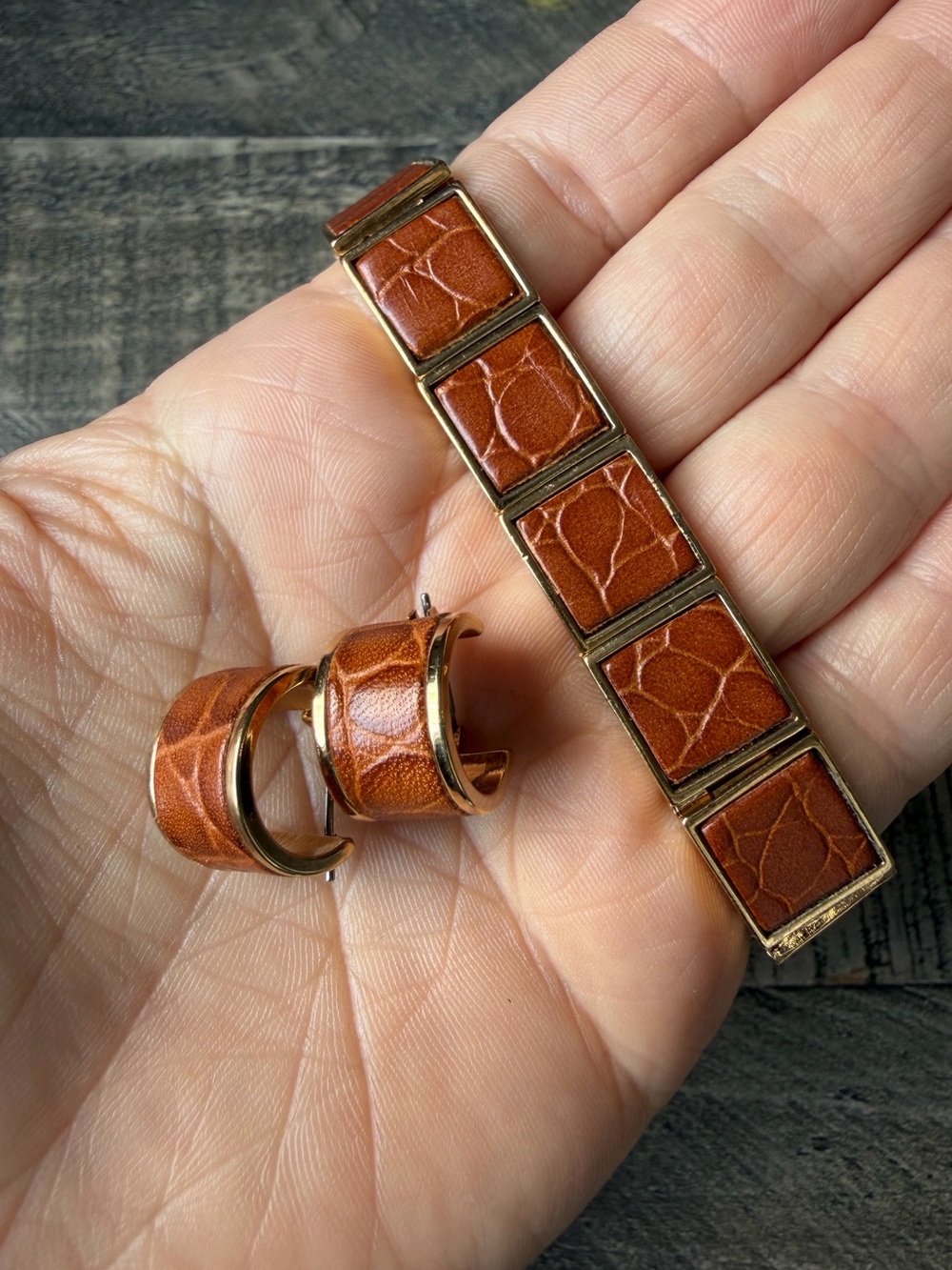 Vintage Monet Faux Croc Bracelet & Earrings Set